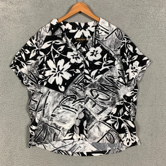 Vintage Jams World Shirt Womens XXL 2XL Black/White Floral Short Sleeve Hawaiian